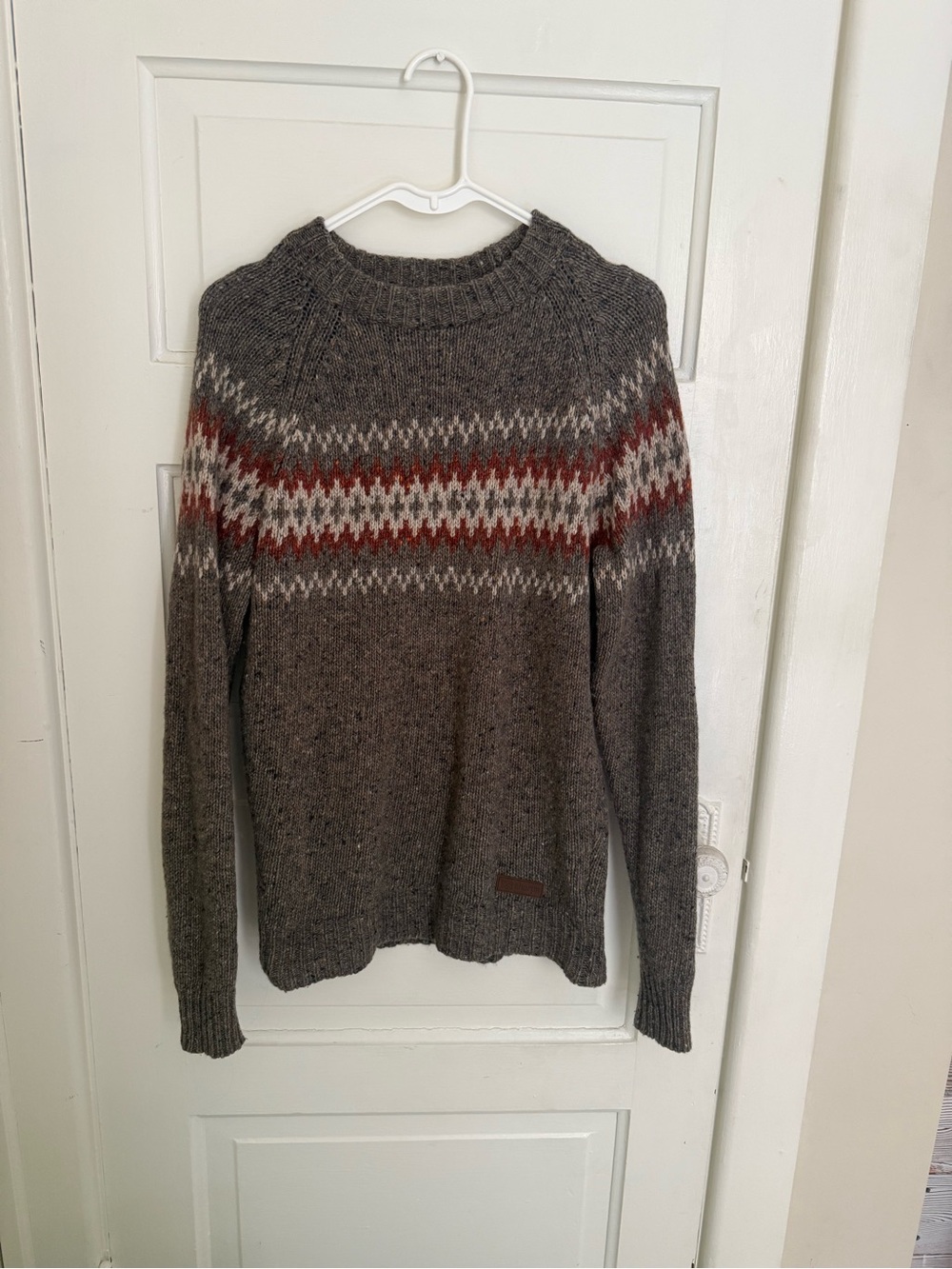 Women’s Grey Fair Isle Wool Sweater with Red Accent